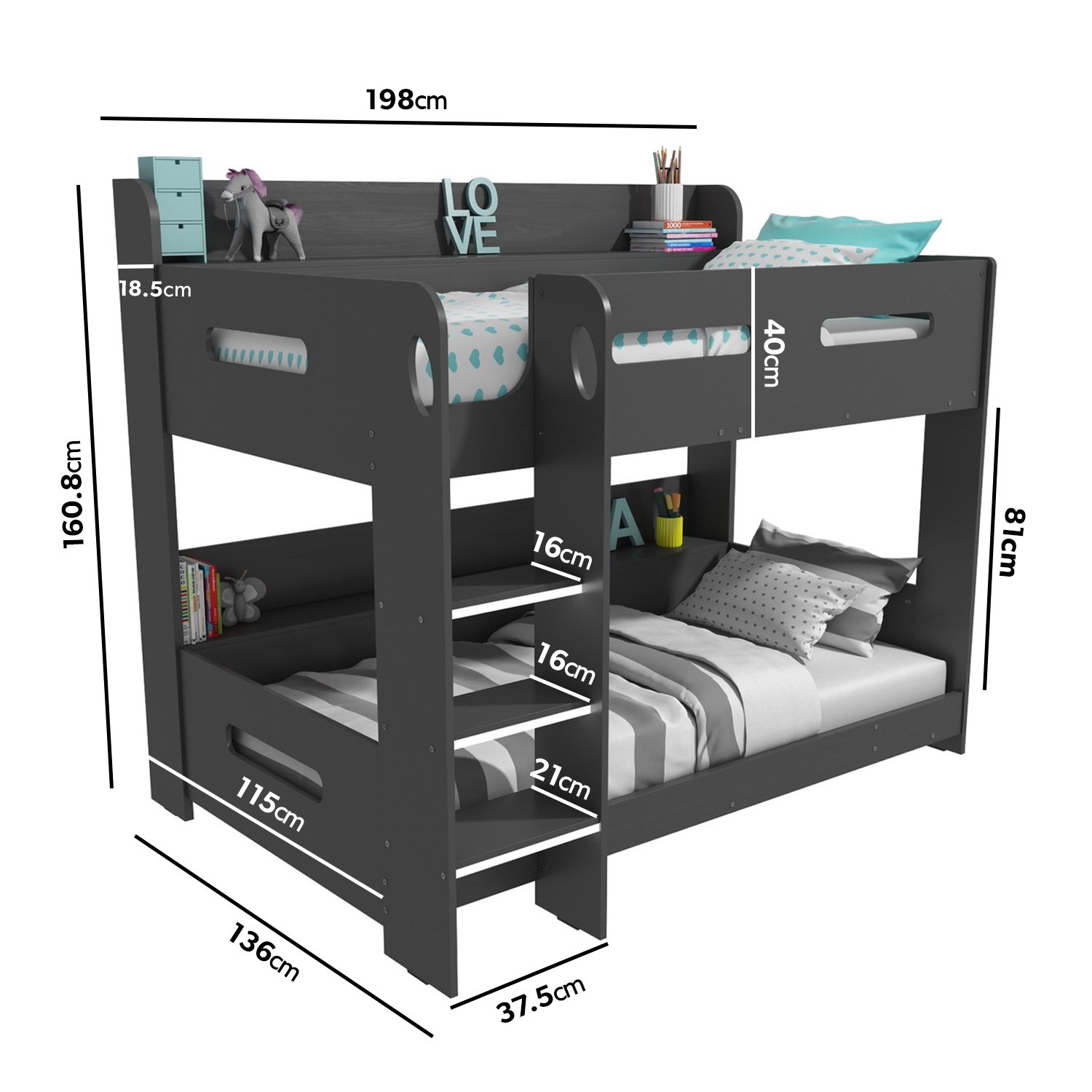 Read more about Dark grey bunk bed with storage shelves ladder can be fitted either side